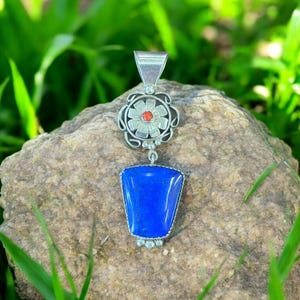Vintage Navajo Sterling Silver Lapis Lazuli & Coral Pendant, Signed JB