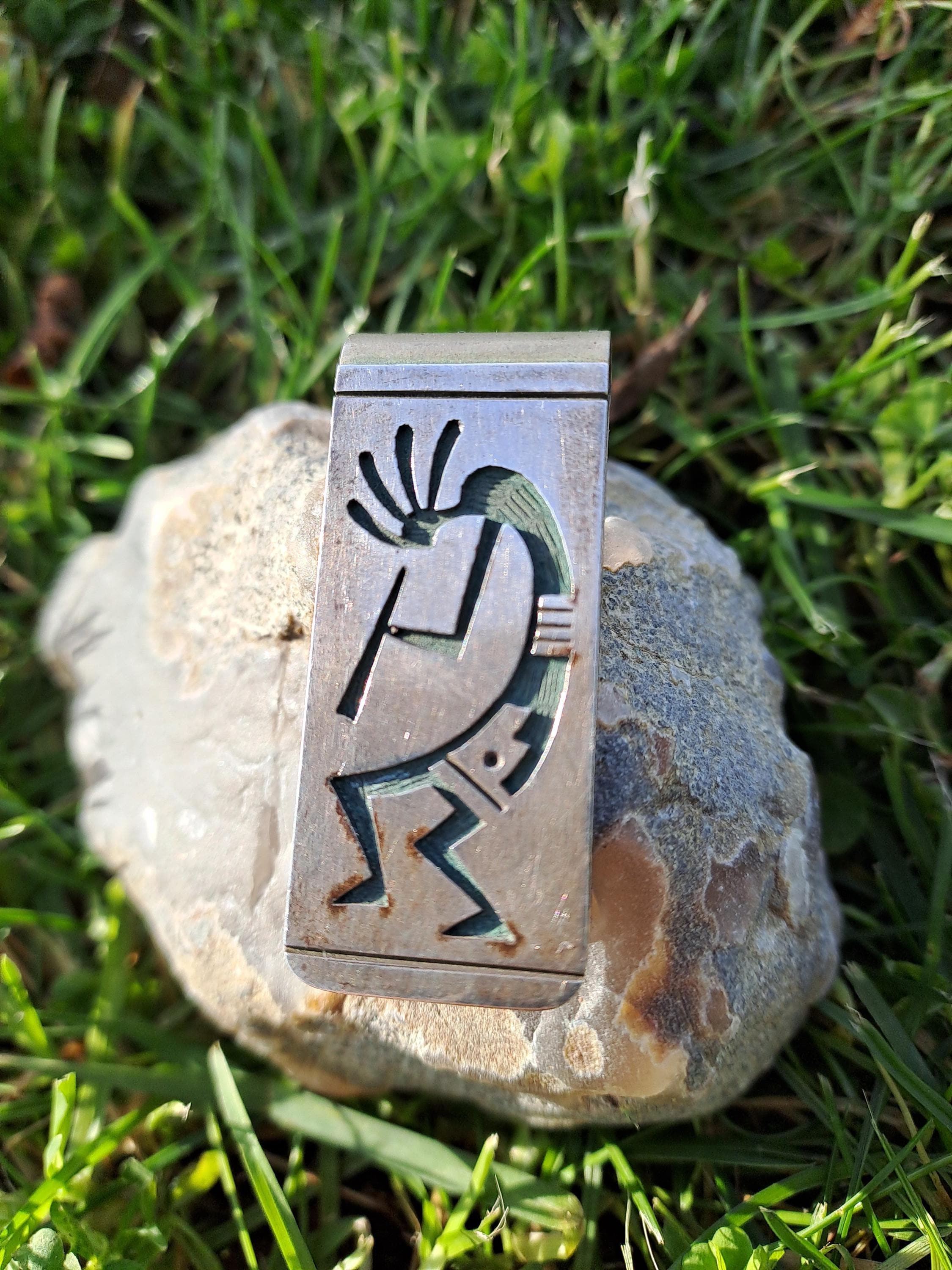 Silver Kokopelli Engraved Money Clip, marked "Sterling VB"