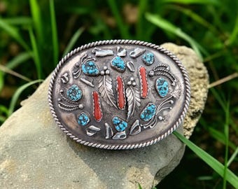 Sterling Silber Navajo Türkis und Koralle Gürtelschnalle
