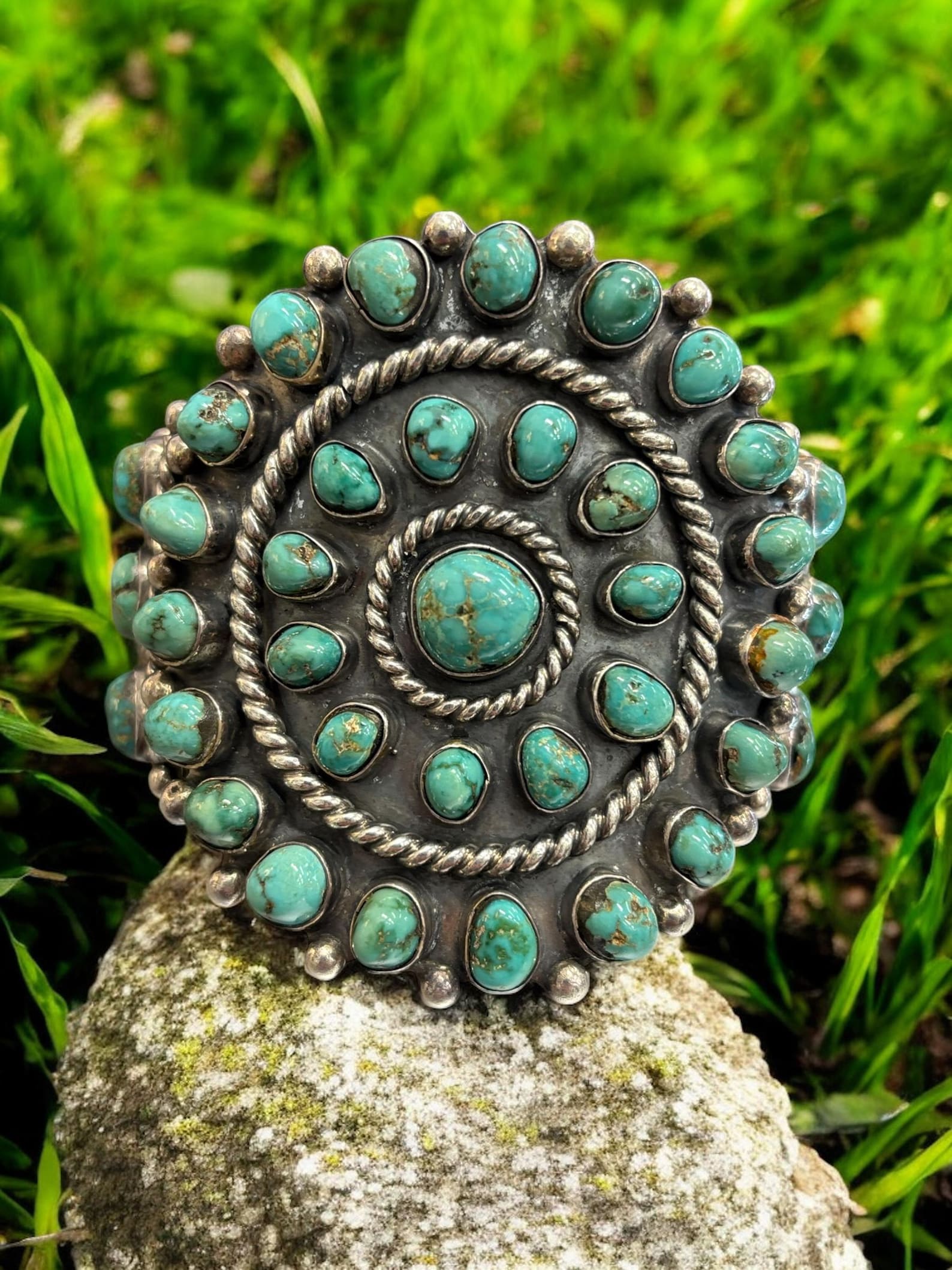 Sterling Silver Navajo Turquoise Cluster Cuff Bracelet by Cecil Sanders