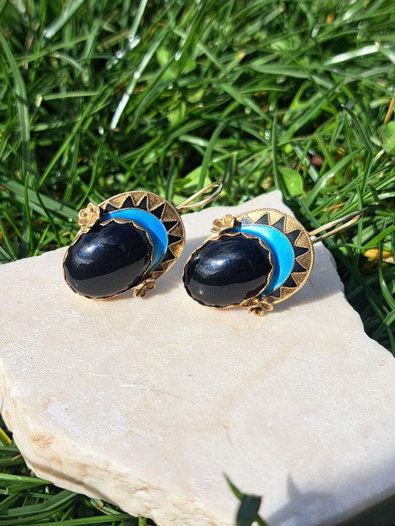 Sterling silver gold-gilded Onyx enamel Chinese E… - image 1