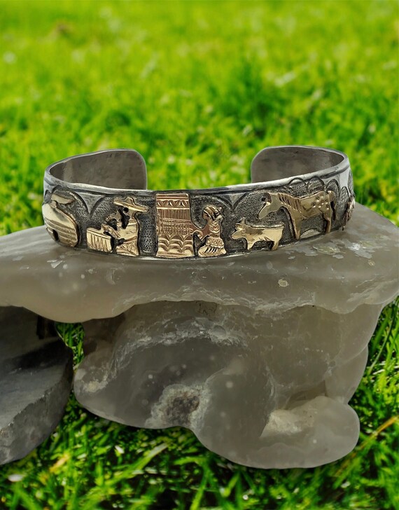 Sterling Silver and 12k Fill Navajo Story Teller Bracelet by T.A. Begay 6.5 Circumference Etsy