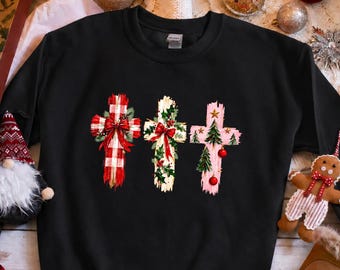 Christian Christmas Sweatshirt, Three Crosses Holiday Hoodie, Religious Winter Pullover, Festive Plaid Cross Sweater, Faith Xmas Top