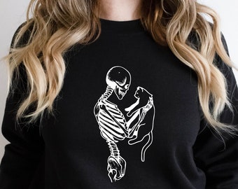 Skeleton And Cat Sweatshirt, Cat Lover Sweater, Cat Lady Gift, Cat Hoodie, Gift For Cat Mom, Cat Clothing, Mothers Day Gift, Skeleton Hoodie