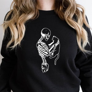 Skeleton And Cat Sweatshirt, Cat Lover Sweater, Cat Lady Gift, Cat Hoodie, Gift For Cat Mom, Cat Clothing, Mothers Day Gift, Skeleton Hoodie