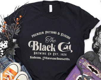 The Black Cat Brewing Co Shirt, Salem Massachusetts Halloween Tee, Premium Potions And Elixirs Top, Witchy Vintage Spooky Season T-Shirt
