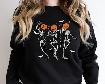 Tanzendes Skelett Sweatshirt, gruselige Saison Halloween Kürbis Sweatshirt, Kürbis Hoodie Halloween Geschenke, Retro Halloween Sweatshirt
