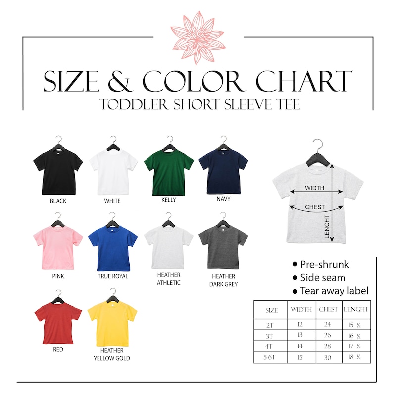 Pode incluir: Tabela de tamanhos e cores para camisetas de manga curta para crian&ccedil;as pequenas. A tabela mostra 12 cores diferentes de camisetas, incluindo preto, branco, verde kelly, azul marinho, rosa, azul royal, cinza atl&eacute;tico mesclado, cinza escuro mesclado, vermelho e amarelo dourado mesclado. A tabela tamb&eacute;m inclui um guia de tamanhos com medidas de largura, peito e comprimento em polegadas.