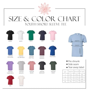 May include: Size and color chart for youth short sleeve tees. Includes a variety of colors such as black, white, navy, pink, and heather team purple. The chart also shows measurements for width, chest, and length in inches.