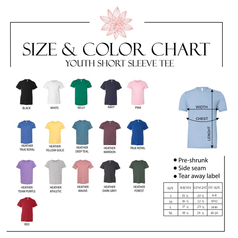 May include: Size and colour chart for youth short sleeve t-shirts. The chart shows 15 different colours of t-shirts, including black, white, kelly green, navy, pink, heather true royal, heather yellow gold, heather deep teal, heather maroon, true royal, heather team purple, heather athletic, heather mauve, heather dark grey, heather forest, and red. The chart also includes a size guide with measurements for width, length, and fit size.