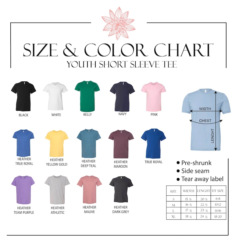 Pode incluir: Tabela de tamanhos e cores para camisetas de manga curta para jovens. A tabela mostra 14 cores diferentes, incluindo preto, branco, verde kelly, azul marinho, rosa, azul royal mesclado, amarelo dourado mesclado, azul teal mesclado, marrom mesclado, azul royal, roxo mesclado, cinza mesclado, malva mesclado e cinza escuro mesclado. A tabela tamb&eacute;m inclui um guia de tamanhos com medidas de largura, comprimento e tamanho em polegadas.