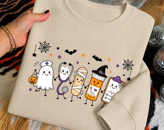 Nurse Halloween Sweatshirt, Medical Team Spooky Hoodie, Ghost Nurse Graphic, Stethoscope Pill Bottle Mummy Jumper, Healthcare Clinic Staff