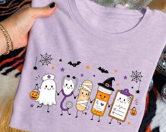 Nurse Halloween Shirt, Medical Team Spooky Tee, Ghost Nurse Graphic, Stethoscope Pill Bottle Mummy Bandage Top, Healthcare Hospital Staff