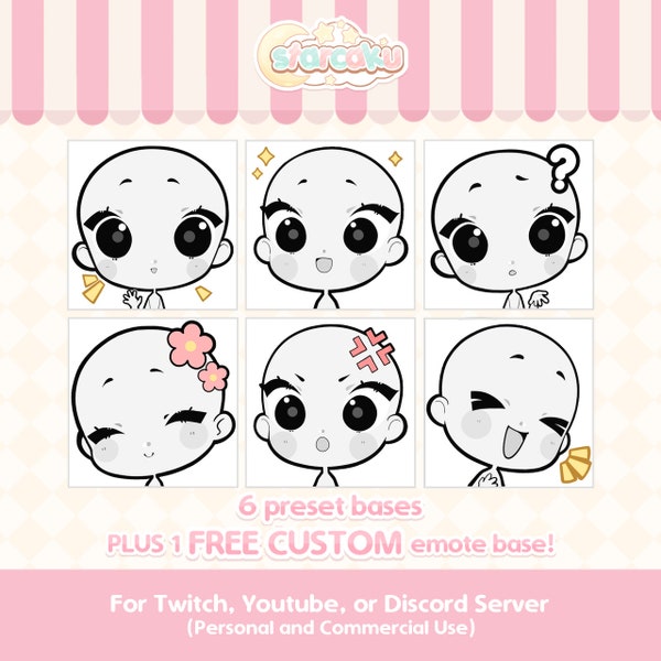 Emote Base Pack - 6 Preset Emotes and 1 FREE CUSTOM Emote (7 Total Emotes) - For Twitch, Youtube, Discord Server - Free Commercial Use - DIY