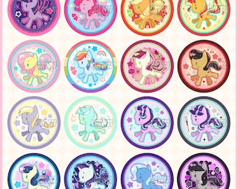 May include: A collection of sixteen circular stickers featuring colorful cartoon ponies. Each sticker has a unique pony design with various colors, including pink, purple, yellow, and blue. The stickers are set against a light pink background.