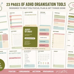 May include: A collection of 23 ADHD organization tool pages featuring daily, weekly, and monthly planners, habit trackers, priority matrices, meal planners, and checklists. The pages use a muted color palette of sage green, dusty pink, and cream.