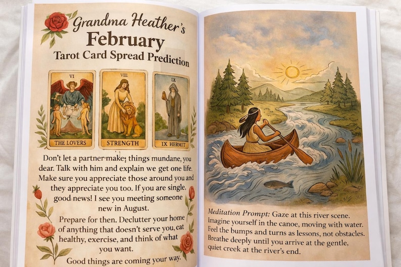 K&ouml;nnte beinhalten: Ein offenes Buch mit einem Tarotkarten-Spread und einer Fluss-Szene-Illustration. Die Tarotkarten zeigen Die Liebenden, St&auml;rke und Der Eremit. Die Flussszene zeigt eine Person in einem Kanu auf einem Fluss mit B&auml;umen und einer Sonne.