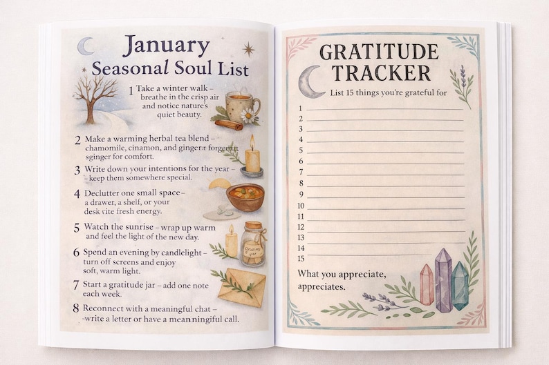 K&ouml;nnte beinhalten: Offene Journalseiten mit den Texten "January Seasonal Soul List" und "Gratitude Tracker". Die linke Seite zeigt Illustrationen von Winterszenen und Tee, w&auml;hrend die rechte Seite eine Liste von 15 Zeilen zum Ausf&uuml;llen enth&auml;lt. Das Journal ist f&uuml;r die Selbstreflexion konzipiert.