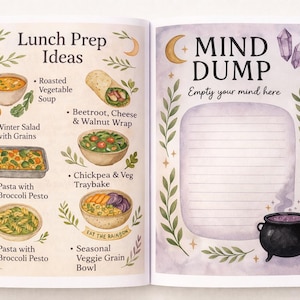 K&ouml;nnte beinhalten: Offenes Notizbuch mit Aquarellillustrationen. Eine Seite listet "Lunch Prep Ideas" mit Zeichnungen von Mahlzeiten wie Suppe, Wraps und Pasta auf. Die andere Seite sagt "MIND DUMP" mit Platz zum Schreiben und einer Kesselillustration.