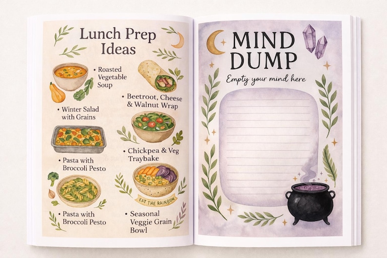 K&ouml;nnte beinhalten: Offenes Notizbuch mit Aquarellillustrationen. Eine Seite listet "Lunch Prep Ideas" mit Zeichnungen von Mahlzeiten wie Suppe, Wraps und Pasta auf. Die andere Seite sagt "MIND DUMP" mit Platz zum Schreiben und einer Kesselillustration.