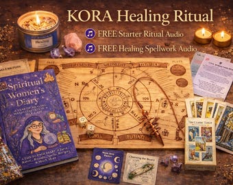 Könnte beinhalten: Eine Ansammlung spiritueller Gegenstände, darunter eine Kerze, Kristalle, ein Holzbrett, Tarotkarten und ein Buch mit dem Titel "The Spiritual Women's Diary". Das Bild enthält auch den Text "KORA Healing Ritual" und "FREE Starter Ritual Audio."