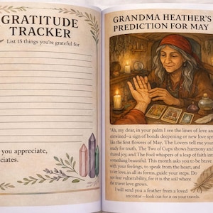 K&ouml;nnte beinhalten: Offenes Buch mit zwei gegen&uuml;berliegenden Seiten. Die linke Seite hat einen "Gratitude Tracker" mit Linien, um 15 Dinge aufzulisten. Die rechte Seite zeigt eine Illustration einer Wahrsagerin mit dem Text "Grandma Heather's Prediction for May".