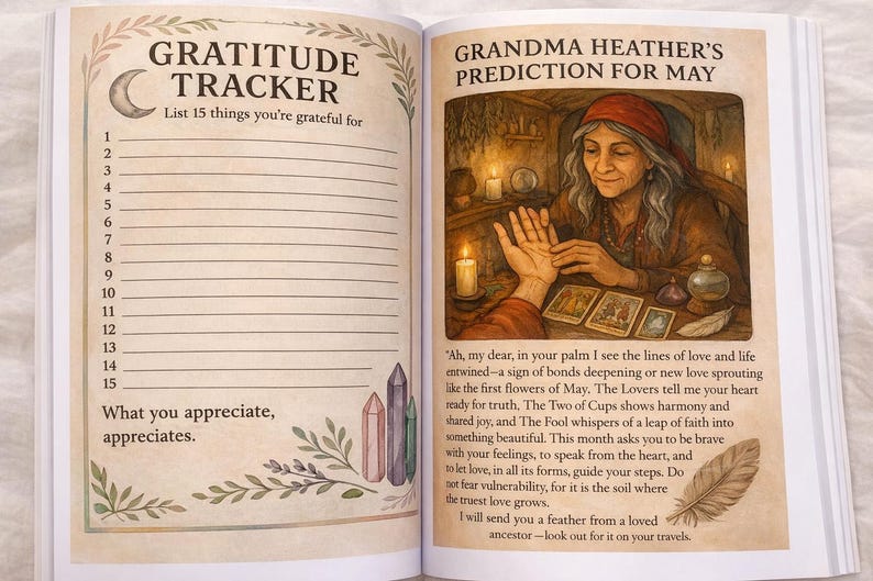 K&ouml;nnte beinhalten: Offenes Buch mit zwei gegen&uuml;berliegenden Seiten. Die linke Seite hat einen "Gratitude Tracker" mit Linien, um 15 Dinge aufzulisten. Die rechte Seite zeigt eine Illustration einer Wahrsagerin mit dem Text "Grandma Heather's Prediction for May".