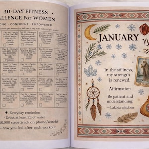 K&ouml;nnte beinhalten: Offenes Buch mit einer 30-Tage-Fitness-Challenge f&uuml;r Frauen. Die linke Seite hat einen Trainingsplan. Die rechte Seite hat einen Januar-Kalender mit Illustrationen von Mond, Kristallen und einem Traumf&auml;nger.