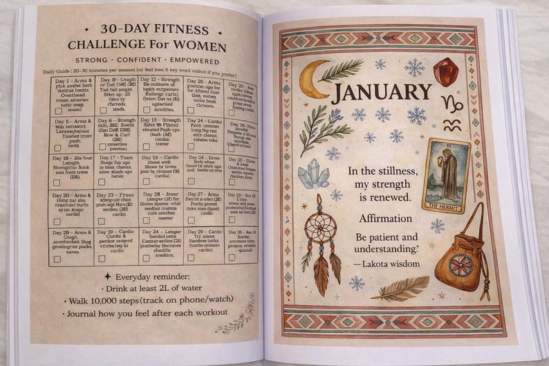 K&ouml;nnte beinhalten: Offenes Buch mit einer 30-Tage-Fitness-Challenge f&uuml;r Frauen. Die linke Seite hat einen Trainingsplan. Die rechte Seite hat einen Januar-Kalender mit Illustrationen von Mond, Kristallen und einem Traumf&auml;nger.