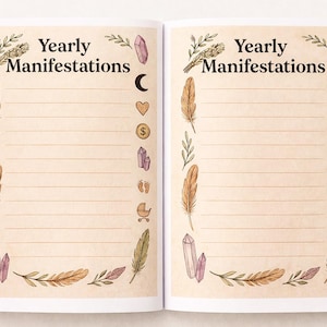 K&ouml;nnte beinhalten: Offene Doppelseite eines Journals mit dem Titel "Yearly Manifestations". Die linierten Seiten sind mit Illustrationen von Federn, Kristallen, Bl&auml;ttern und Symbolen wie Mond, Herz und Kinderwagen verziert.