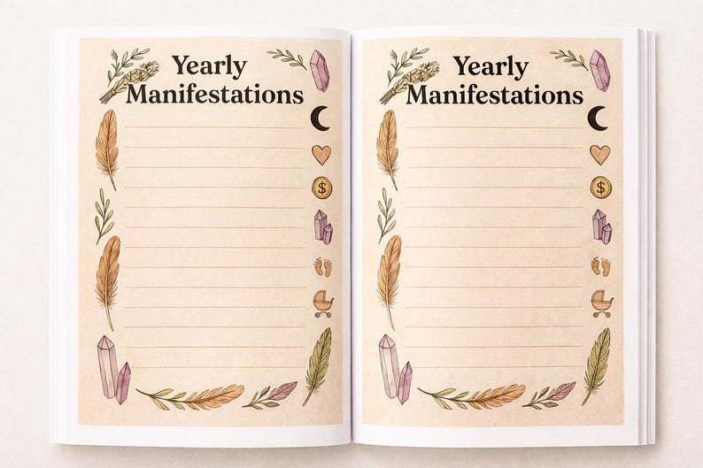 K&ouml;nnte beinhalten: Offene Doppelseite eines Journals mit dem Titel "Yearly Manifestations". Die linierten Seiten sind mit Illustrationen von Federn, Kristallen, Bl&auml;ttern und Symbolen wie Mond, Herz und Kinderwagen verziert.