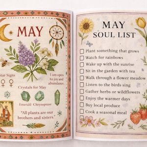 K&ouml;nnte beinhalten: Offenes Buch mit Aquarellillustrationen f&uuml;r Mai. Die linke Seite zeigt einen Mond, eine Biene, Blumen und Text. Die rechte Seite hat eine Sonnenblume, eine Tulpe und eine Checkliste mit dem Titel "May Soul List."