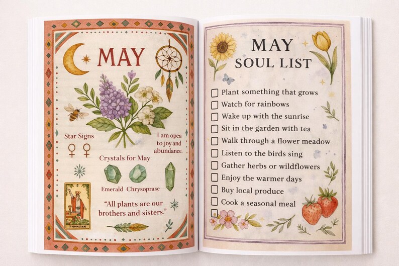 K&ouml;nnte beinhalten: Offenes Buch mit Aquarellillustrationen f&uuml;r Mai. Die linke Seite zeigt einen Mond, eine Biene, Blumen und Text. Die rechte Seite hat eine Sonnenblume, eine Tulpe und eine Checkliste mit dem Titel "May Soul List."
