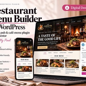 May include: A WordPress plugin for a restaurant menu builder displayed on a laptop and smartphone screen. The interface shows The Copper Fox pub website with food photography, menu items, and an edit menu item pop-up window.