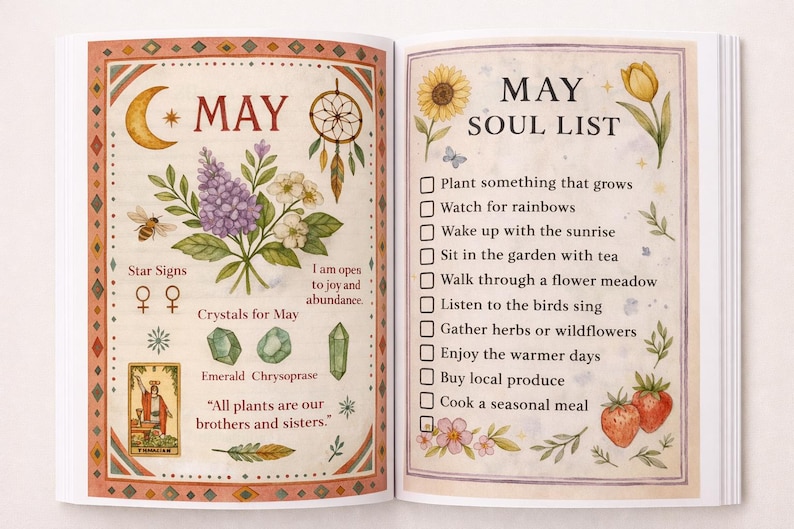 K&ouml;nnte beinhalten: Offenes Buch mit Aquarellillustrationen f&uuml;r Mai. Die linke Seite zeigt einen Mond, eine Biene, Blumen und Text. Die rechte Seite hat eine Sonnenblume, eine Tulpe und eine Checkliste mit dem Titel "May Soul List."