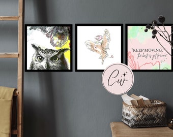 Digital Downloads Printables Owls/Flowers/Leaves/Heart/Best/Love Quotes, Set of Three Line Art Prints. Owl Line Art,Abstract Art,Digital