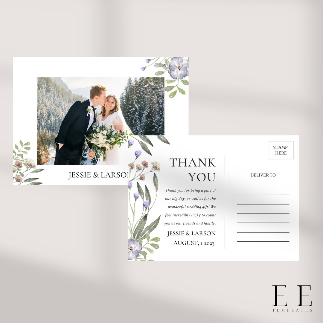 Floral Minimalist Wedding Thank You Card With Photo, Editable Template ...