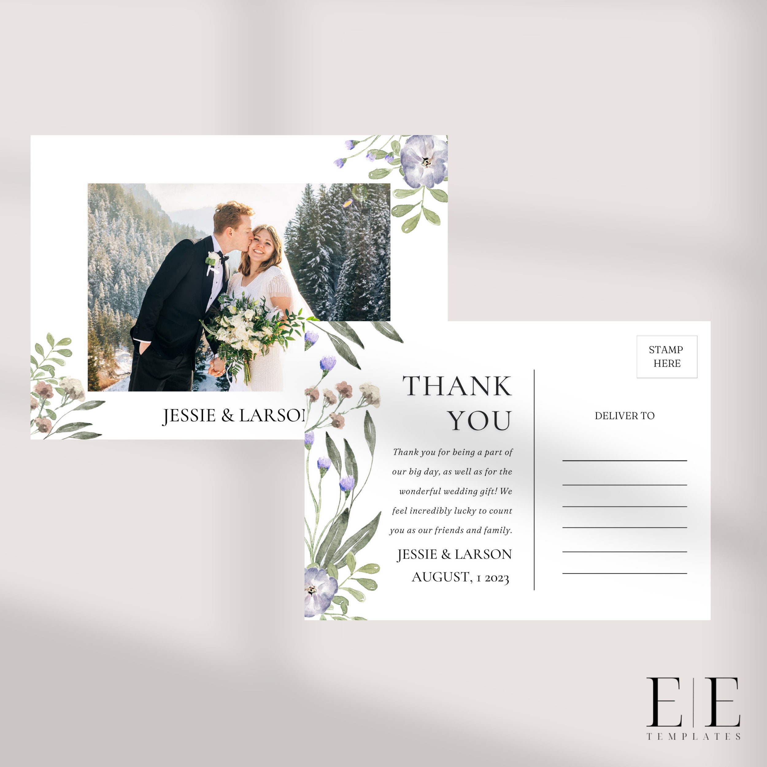 Floral Minimalist Wedding Thank You Card With Photo, Editable Template ...