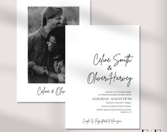 May include: Two white wedding invitations. One features a black and white photo of a couple. The other has the names "Celine Smith & Oliver Harvey" in elegant script, along with wedding details and the text "Couple Is Registered at Amazon."