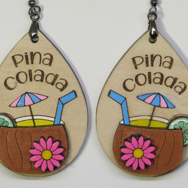 Handcrafted Pina Colada Earrings, Tropical Drink Wooden Earrings, Artisan Pina Colada Theme Earrings, Colorful Cocktail Wooden Earring, gift