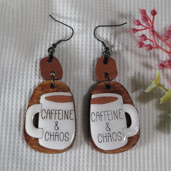 Wake Up and Style’ Laser Engraved Coffee Earrings, Eco-Friendly Wooden Coffee Cup Statement Earrings, Unique Coffee-Themed Wooden Earrings