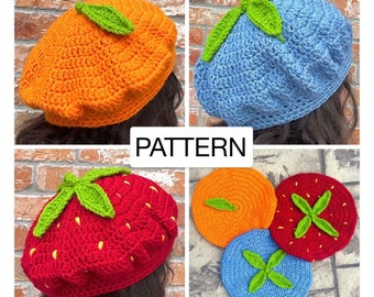 PATTERN-Easy Strawberry Blueberry Orange Hat Beret-Beginner-Friendly Cute Fruit Crochet Hat