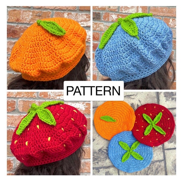 PATTERN-Easy Strawberry Blueberry Orange Hat Beret-Beginner-Friendly Cute Fruit Crochet Hat