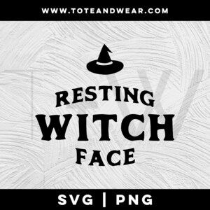 May include: Black and white graphic design with a witch's hat and the text "Resting Witch Face" and "SVG | PNG".