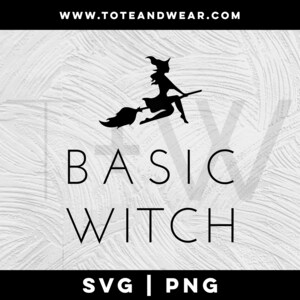 May include: Black and white silhouette of a witch riding a broomstick with the text "BASIC WITCH" and "SVG | PNG" below.