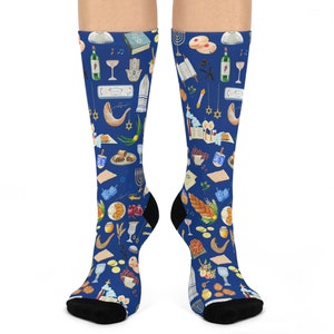 Joyful Judaica Socks Novelty Jewish Socks Blue Jewish Art Gift Judaica Clothing Jewish Clothing Fun Hanukkah Socks Jewish Novelty Crew Socks