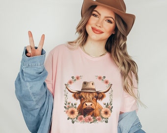 Highland Cow Shirt for Cow Lover Gift for Highland Cow Lover Shirt for Farm Girl Shirt Flower Crown Cow Gift for Her Baby Highland Cow Shirt