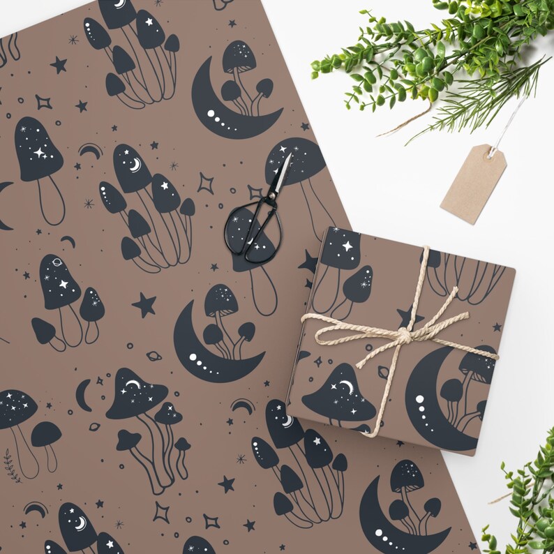 Moons and Shrooms Wrapping Paper, Unique Gift Wrap, Boho Wrapping Paper, Aesthetic Gift Wrap, Wrapping Paper Sheets, Dark Gift image 1