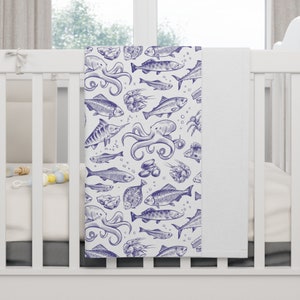 Sea Creatures Fleece Baby Blanket Baby Shower Gift for Underwater Theme Nursery Swaddle Blanket Ocean Baby Blanket Vintage Fish Baby Blanket