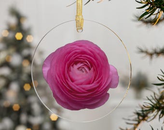 Adorno navideño de ranúnculo rosa para amantes de los ranúnculos Adorno de ranúnculo acrílico Adorno floral rosa Regalo Ranúnculo para colgar en la ventana